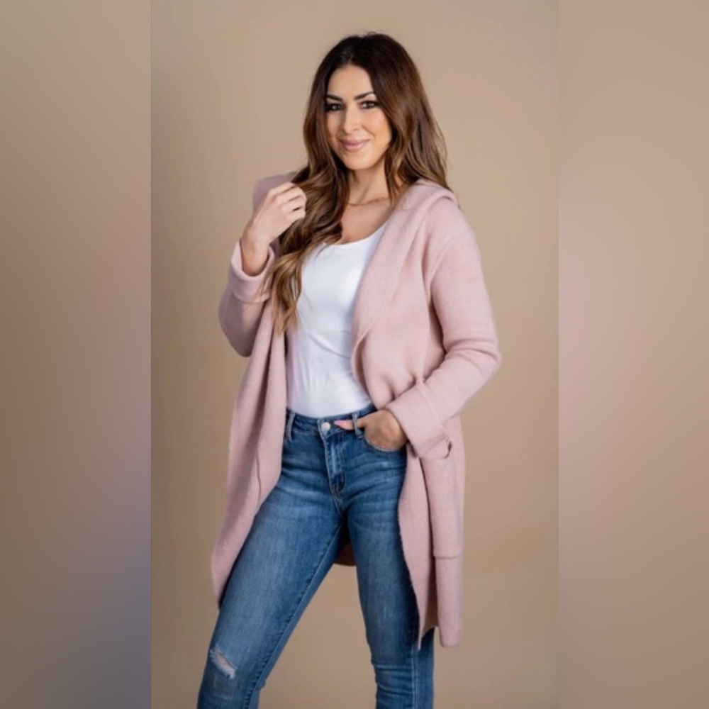 Hooded Cardigan Duster Textured Knit Sweater Soft Rose Blush Pink Size 2XL - Picture 6 of 16